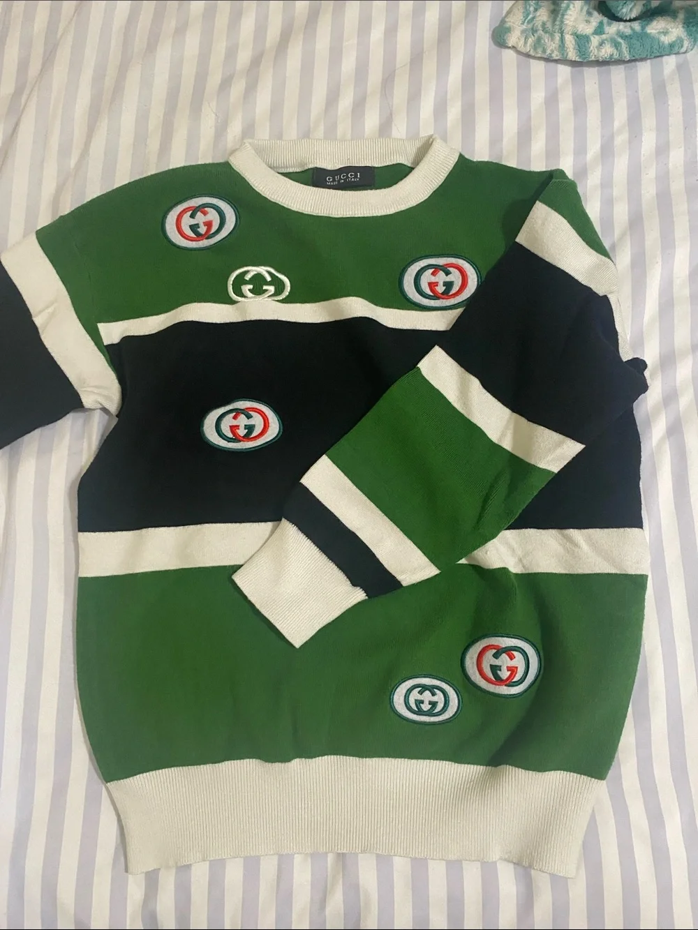 Gucci Green Black and White Striped Crewneck Sweater with Logo Patches